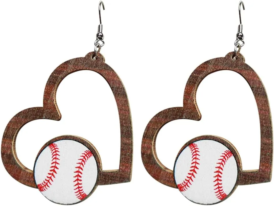Handmade Sports Ball Baseball Football Drop Dangle Earrings Natural Wooden Heart Teardrop Basketball Volleyball Printed for Women Friendship Sports Fans Lover Party Jewelry