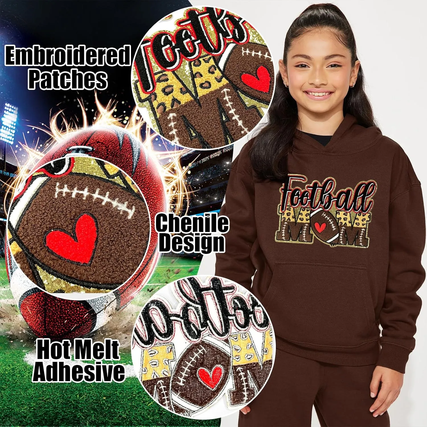 Iron On Patches Chenille Ball Sports Embroidered Applique Golden Edge Large Patch Accessories DIY Decoration for Clothes Jackets Uniform Backpack,Football