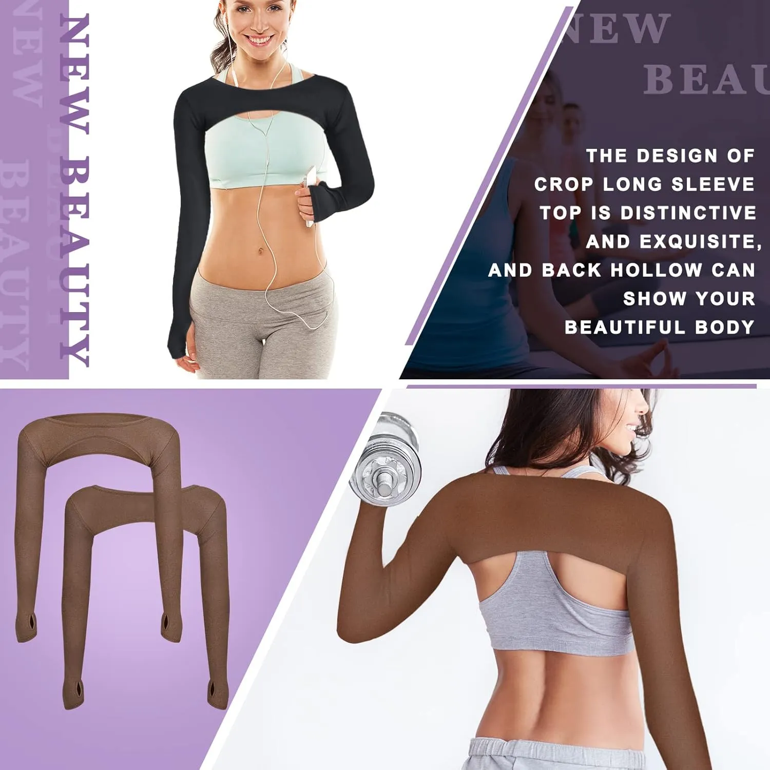 Janmercy 2 Pieces Women's Long Sleeve Crop Tops Cutout Workout Bolero Shrug Ballet Yoga Sports Shrug Casual Cropped Tops