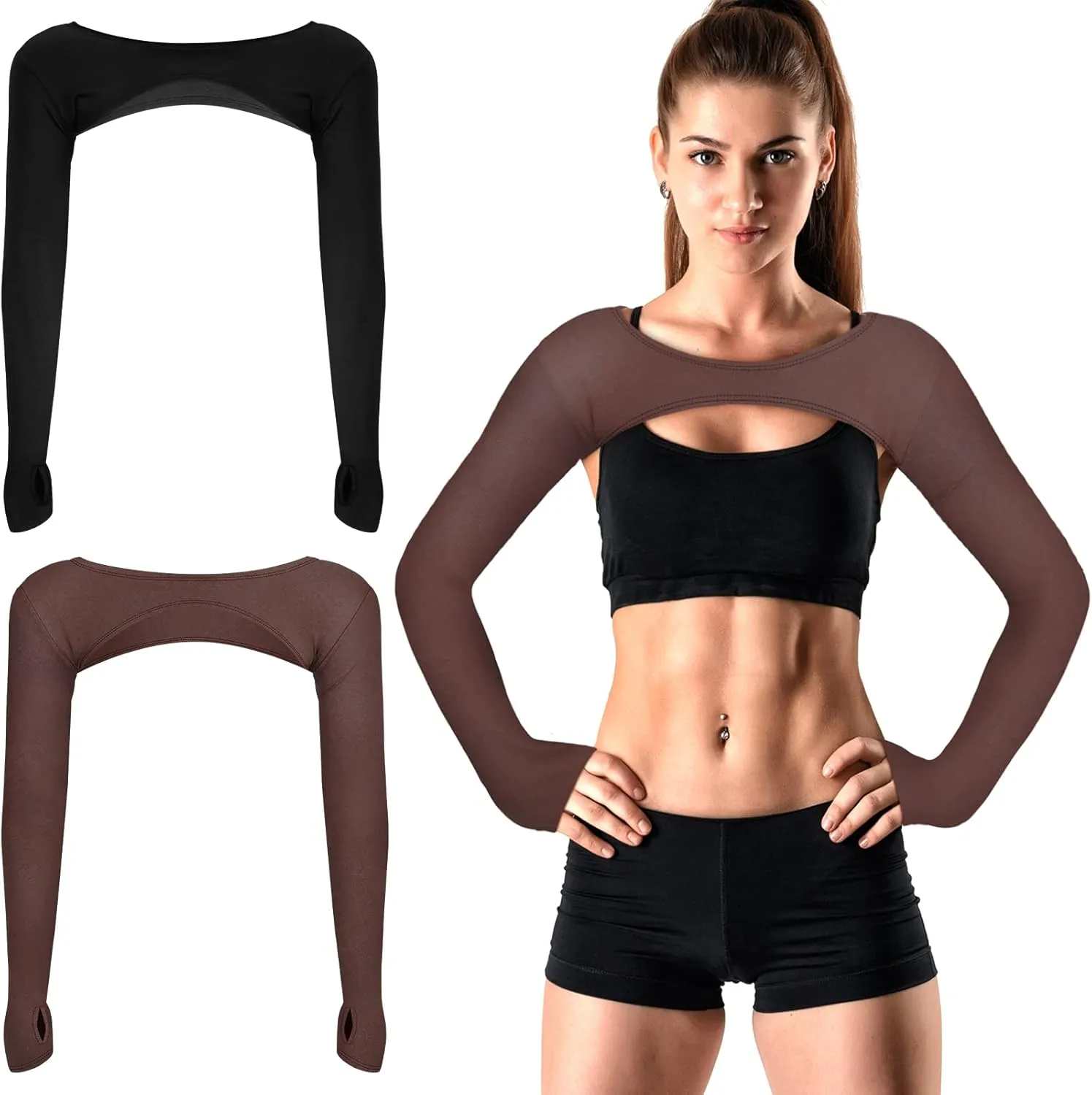 Janmercy 2 Pieces Women's Long Sleeve Crop Tops Cutout Workout Bolero Shrug Ballet Yoga Sports Shrug Casual Cropped Tops
