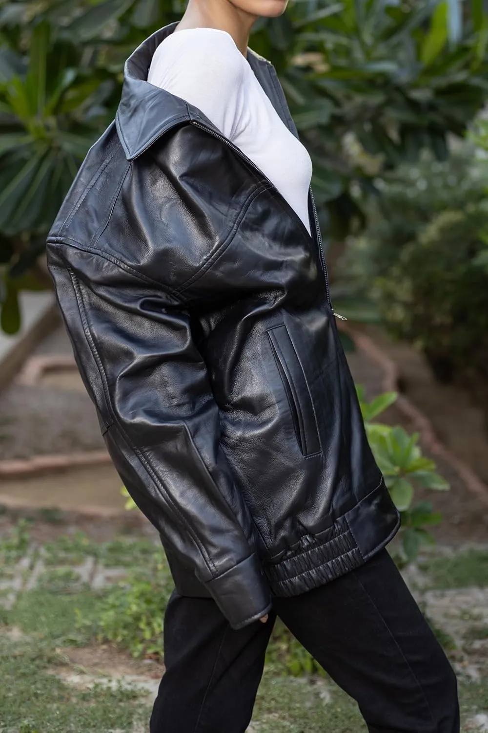 Jild Oversized Leather Jacket Women - Lambskin Leather Fall Jacket for Womens Fashion Plus Size Outfits