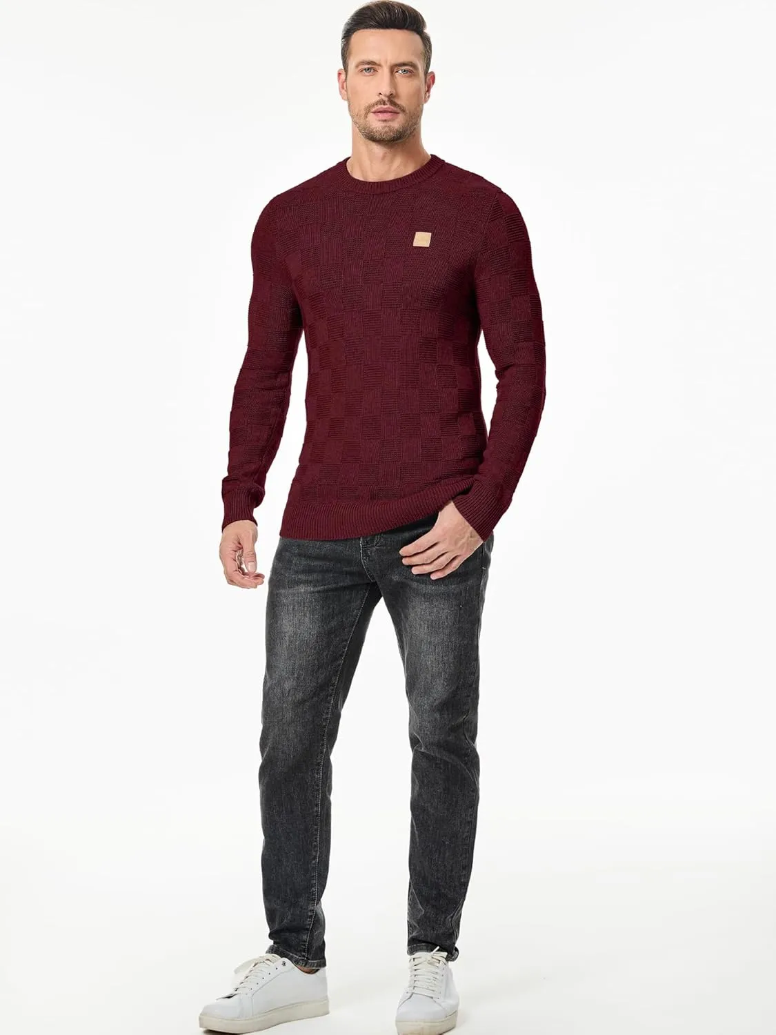 JMIERR Men's Crewneck Sweater Casual Fall Checkered Long Sleeve Knit Pullover Sweaters