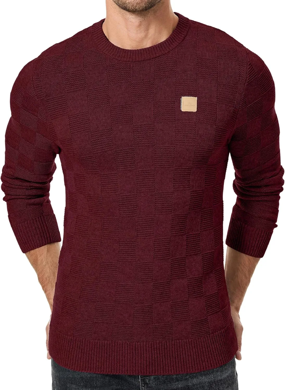 JMIERR Men's Crewneck Sweater Casual Fall Checkered Long Sleeve Knit Pullover Sweaters