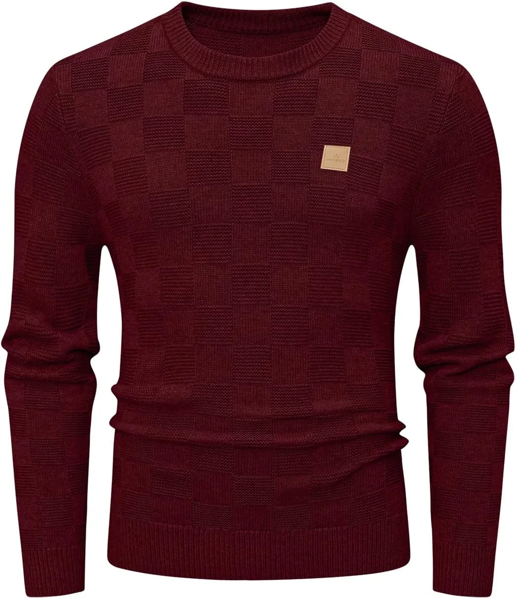 JMIERR Men's Crewneck Sweater Casual Fall Checkered Long Sleeve Knit Pullover Sweaters