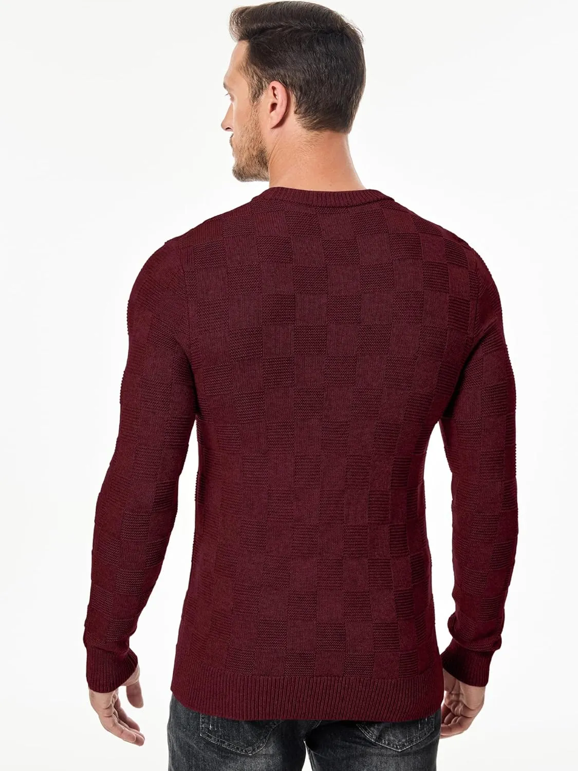 JMIERR Men's Crewneck Sweater Casual Fall Checkered Long Sleeve Knit Pullover Sweaters