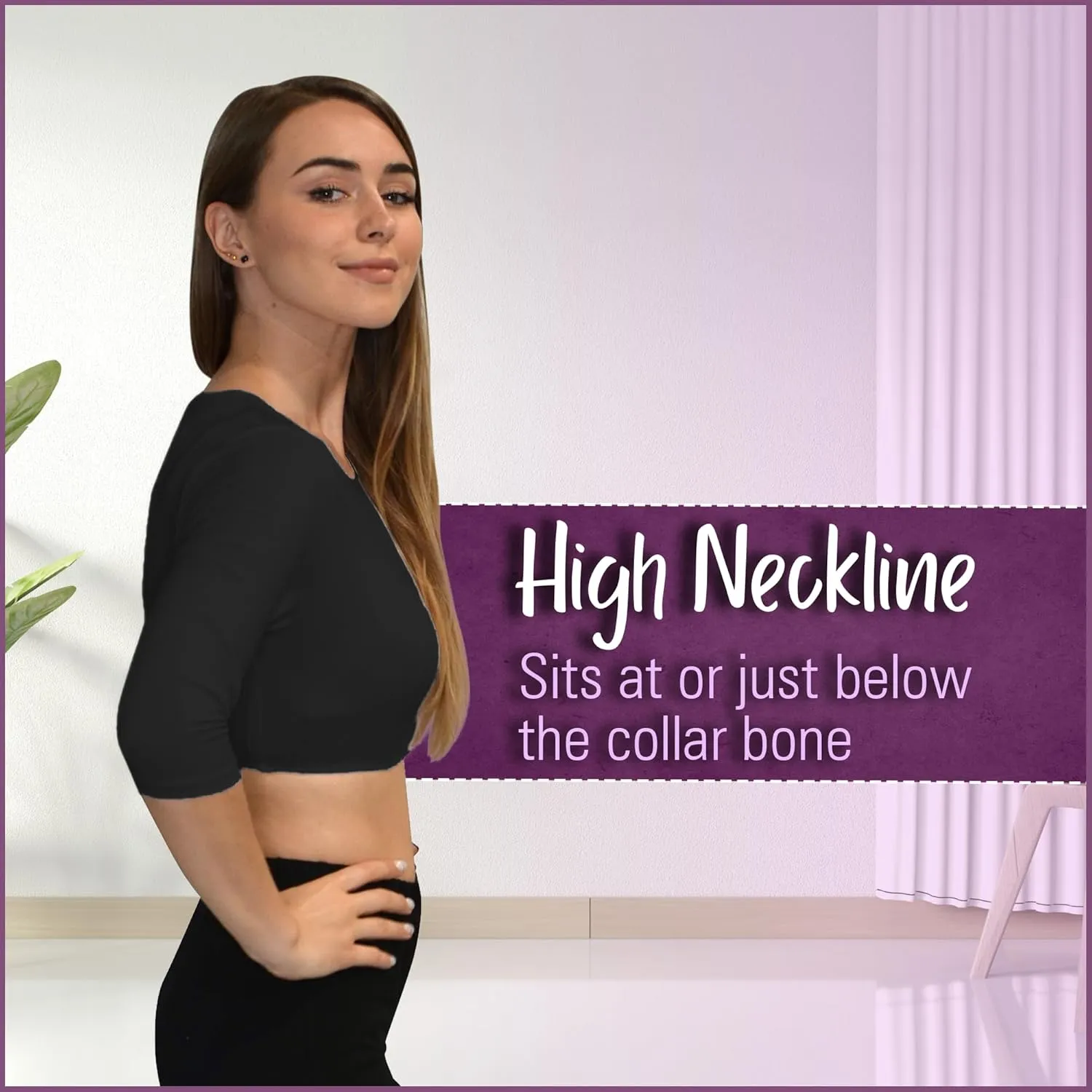 Kosher Casual Women's Modest High Neck Cropped Layering Shell - Viscose Spandex 3-4 Sleeve Base Pullover Top