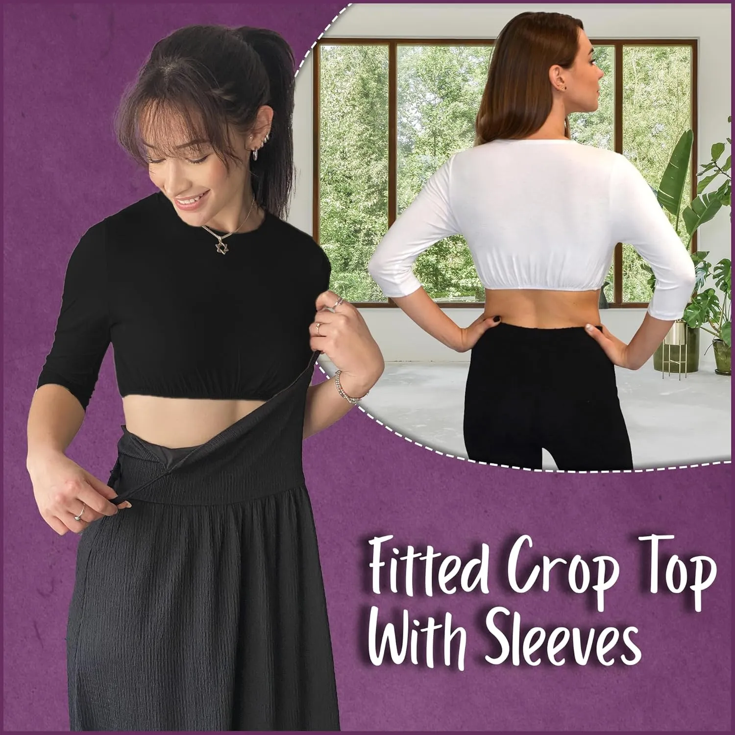 Kosher Casual Women's Modest High Neck Cropped Layering Shell - Viscose Spandex 3-4 Sleeve Base Pullover Top