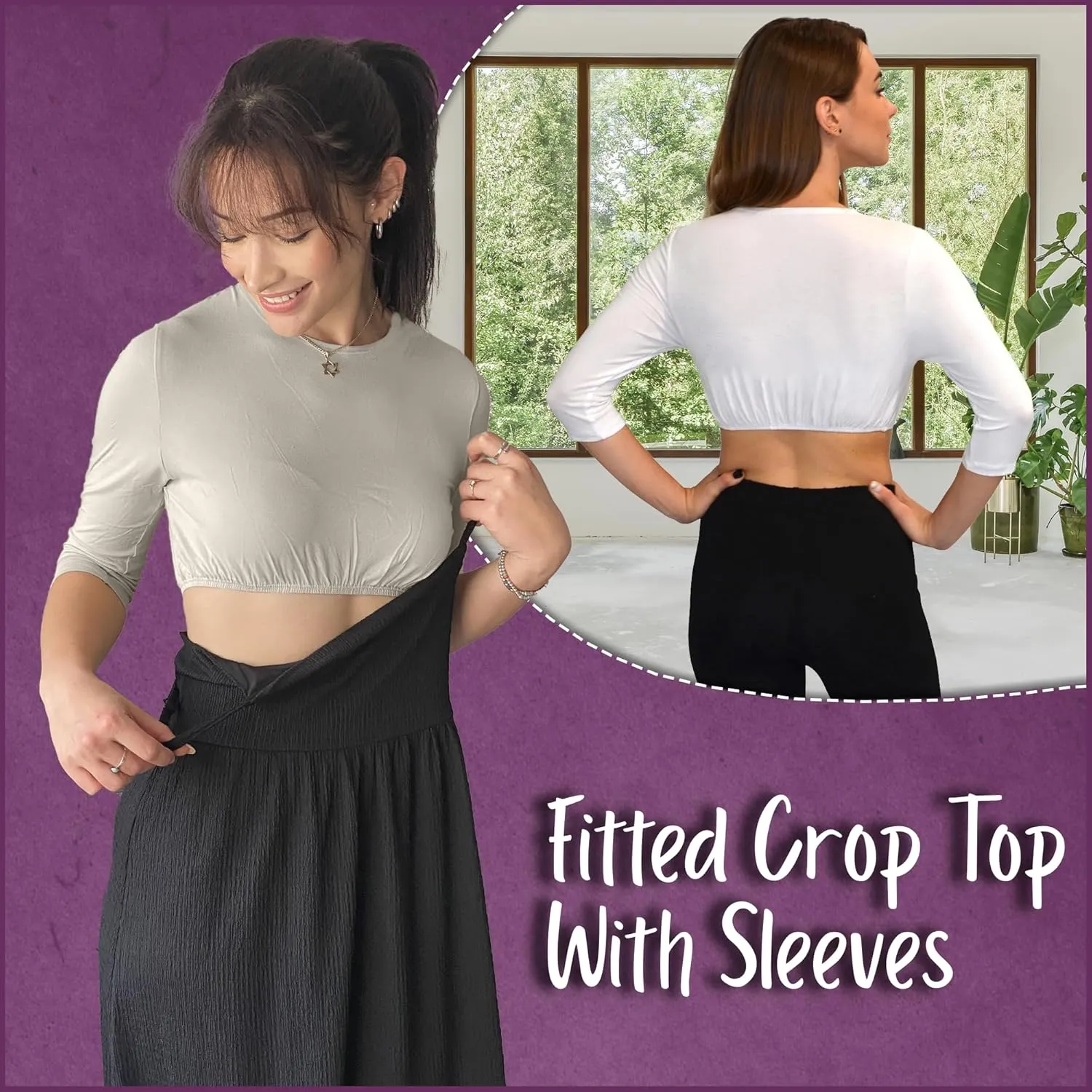 Kosher Casual Women's Modest High Neck Cropped Layering Shell - Viscose Spandex 3-4 Sleeve Base Pullover Top