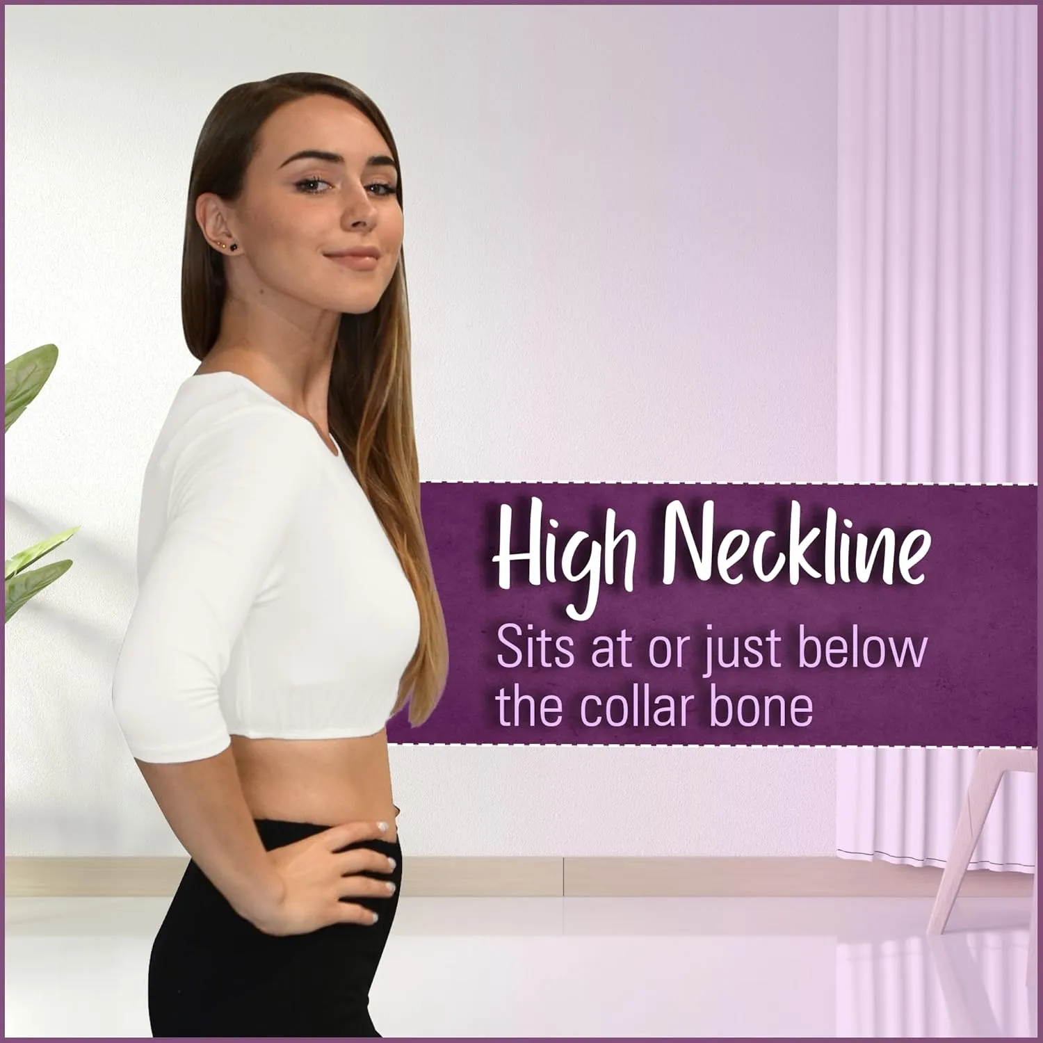 Kosher Casual Women's Modest High Neck Cropped Layering Shell - Viscose Spandex 3-4 Sleeve Base Pullover Top