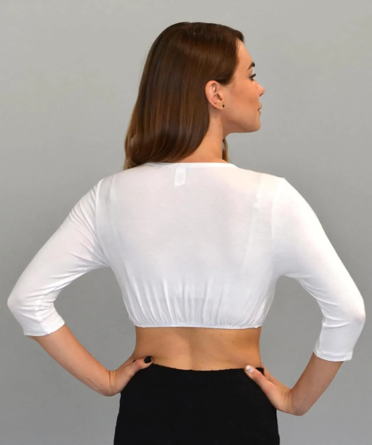 Kosher Casual Women's Modest High Neck Cropped Layering Shell - Viscose Spandex 3-4 Sleeve Base Pullover Top