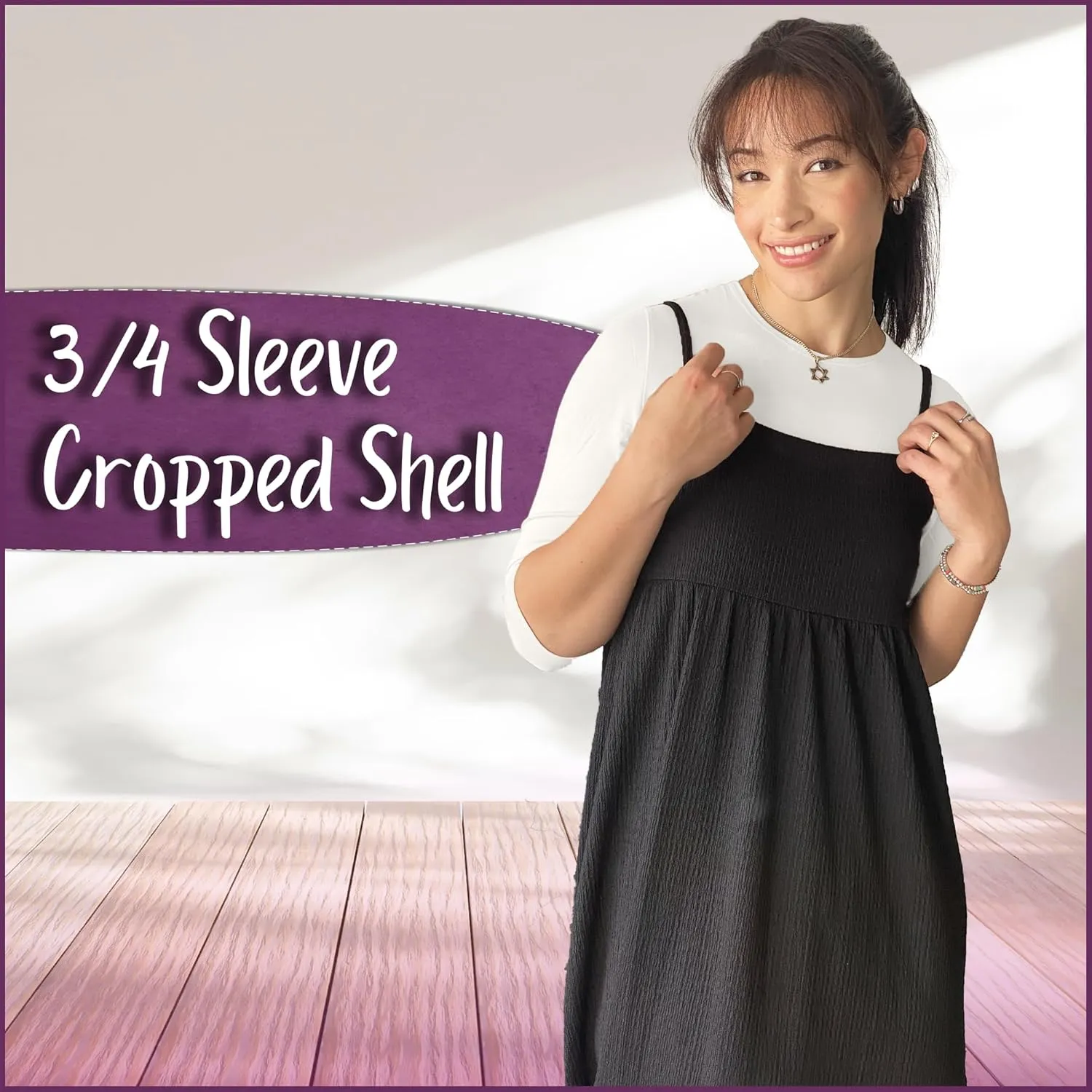 Kosher Casual Women's Modest High Neck Cropped Layering Shell - Viscose Spandex 3-4 Sleeve Base Pullover Top