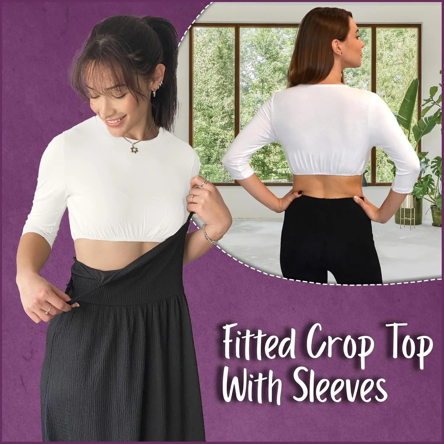 Kosher Casual Women's Modest High Neck Cropped Layering Shell - Viscose Spandex 3-4 Sleeve Base Pullover Top