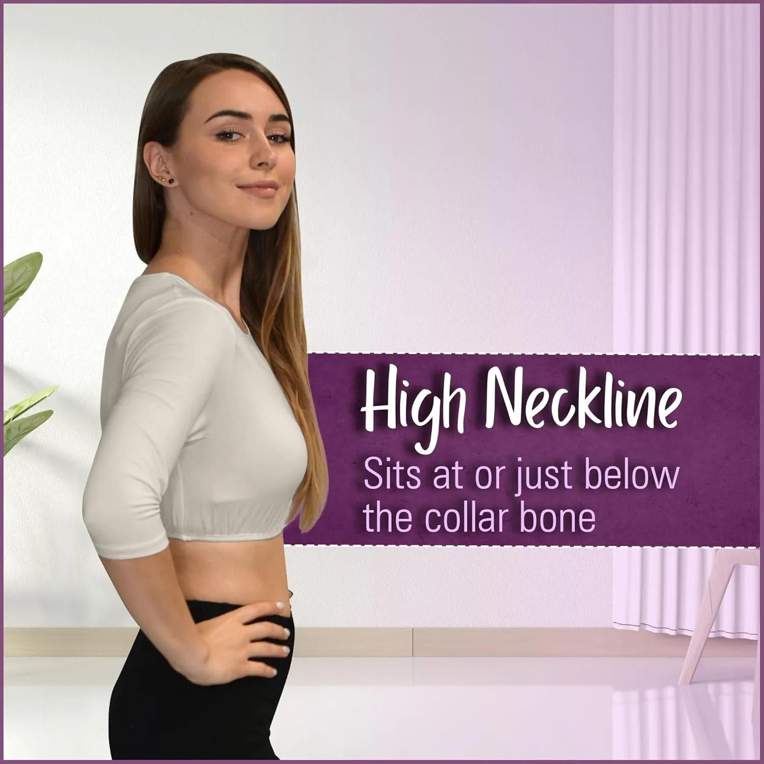 Kosher Casual Women's Modest High Neck Cropped Layering Shell - Viscose Spandex 3-4 Sleeve Base Pullover Top