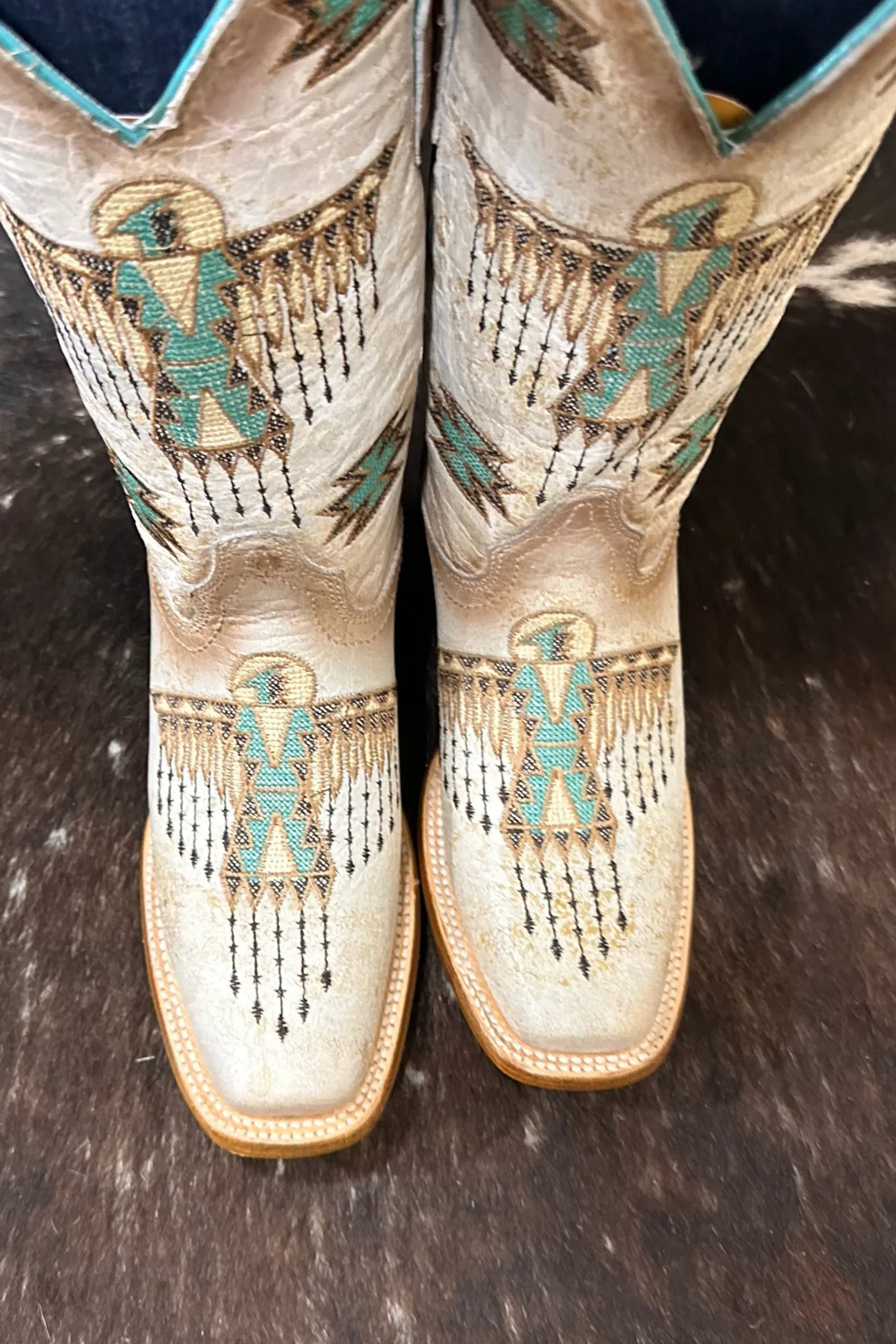 Ladies White w/Brown & Turquoise Embroidery Square Toe by Corral Boots
