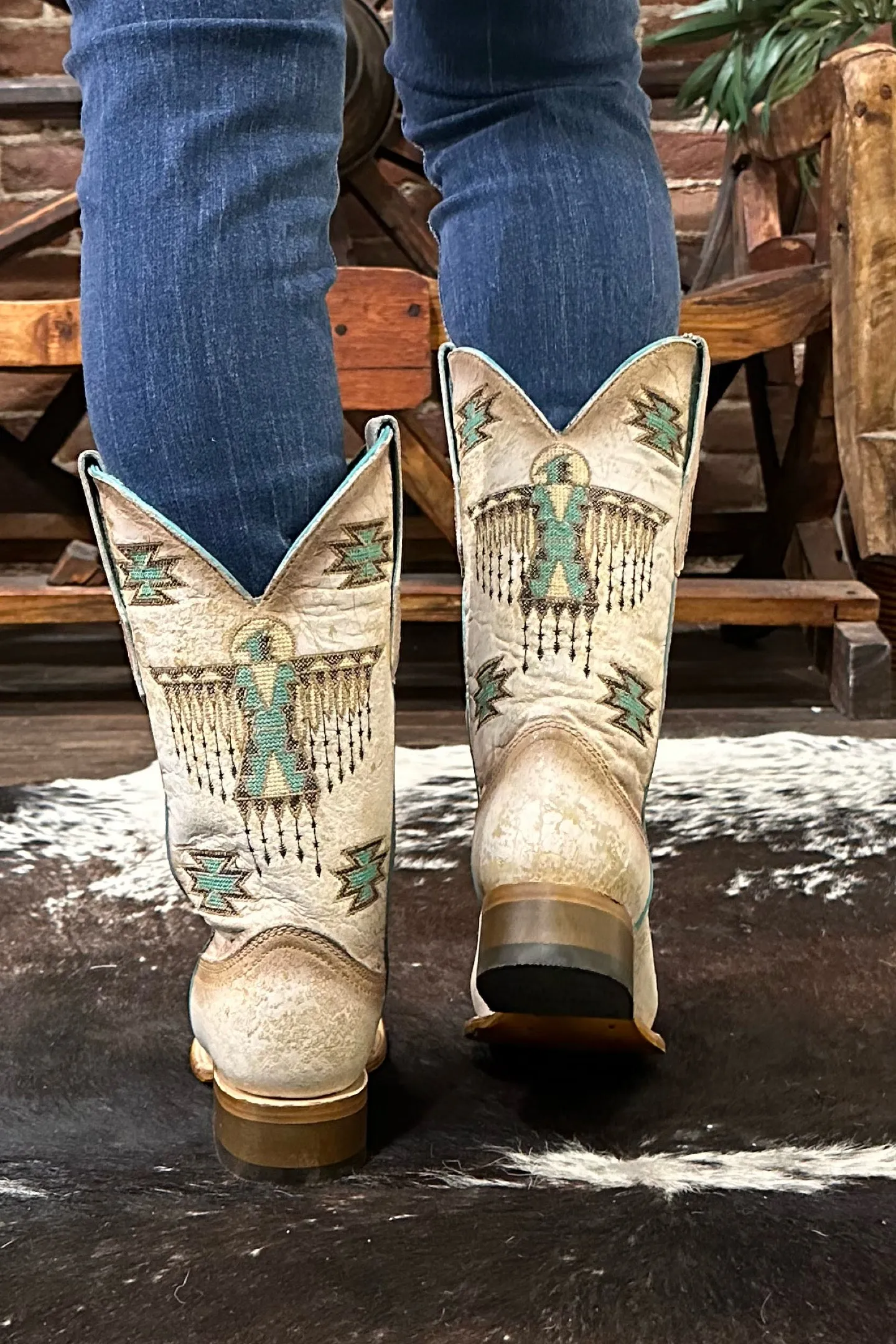 Ladies White w/Brown & Turquoise Embroidery Square Toe by Corral Boots