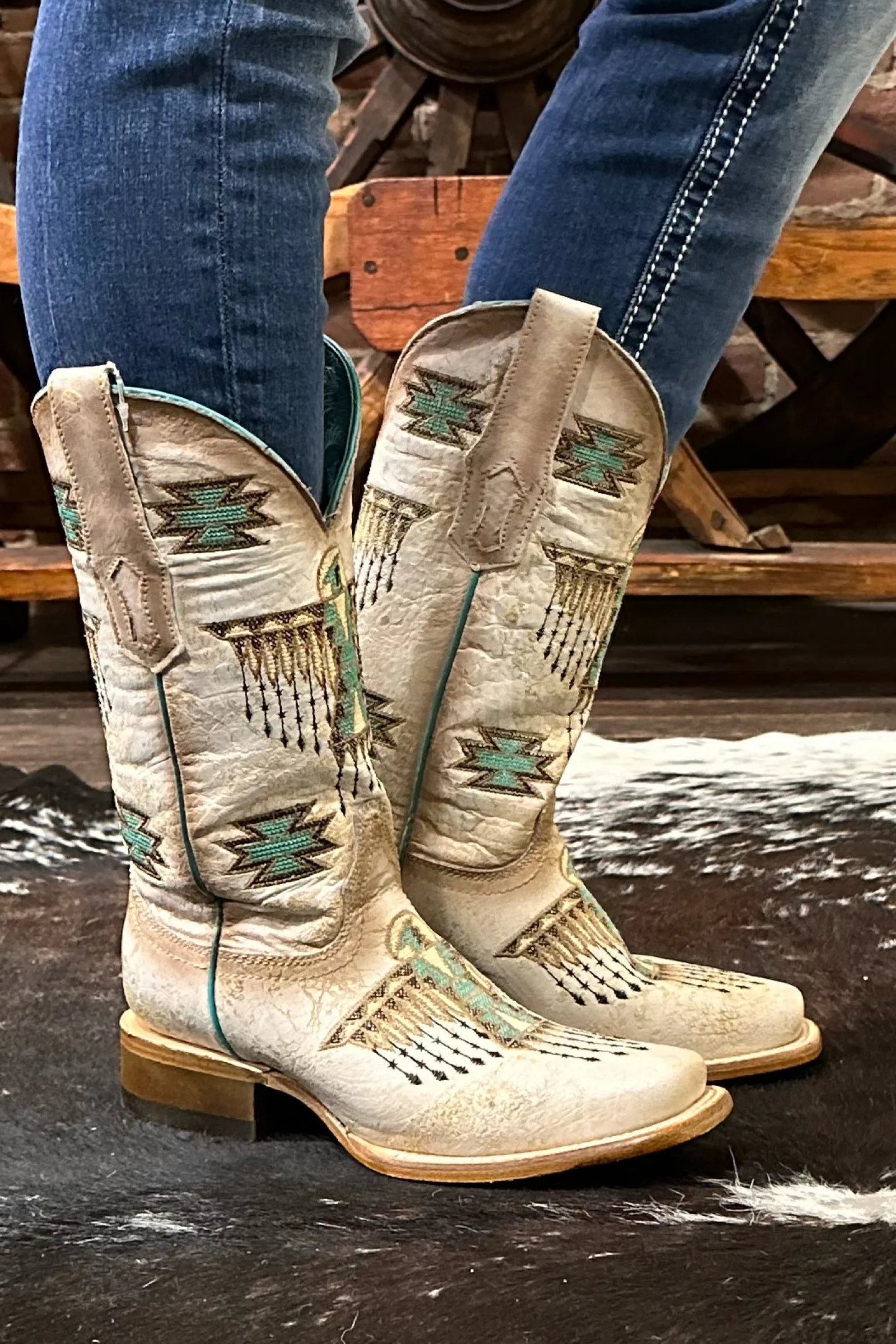 Ladies White w/Brown & Turquoise Embroidery Square Toe by Corral Boots