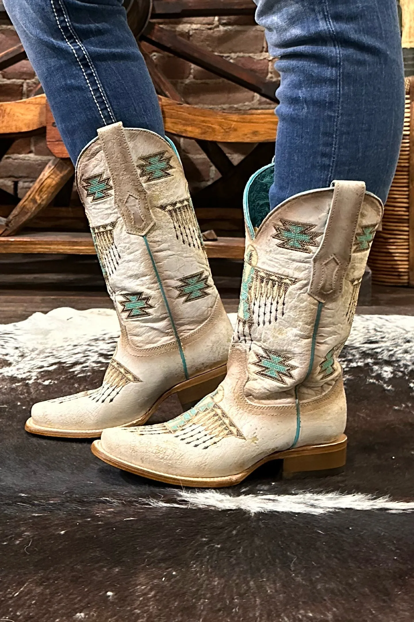Ladies White w/Brown & Turquoise Embroidery Square Toe by Corral Boots