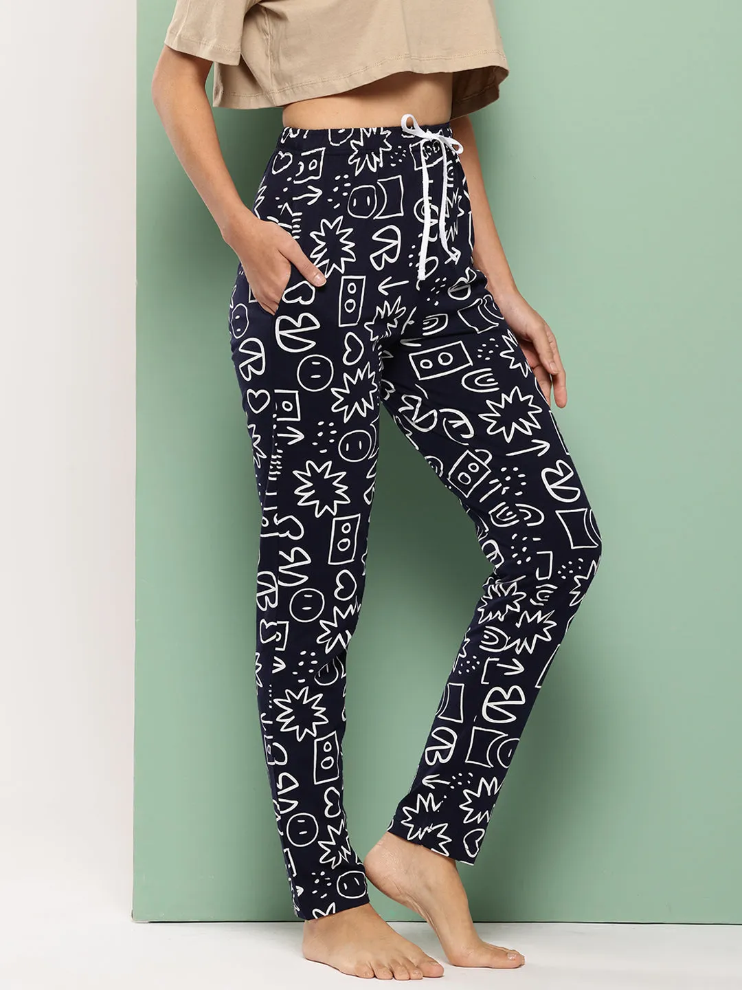 Leading Lady Women's Printed Cotton Mid Rise Casual Pyjamas with Pocket & inner Elastic Full-length Regular Fit Lounge Pants [LDLW-2344-1]