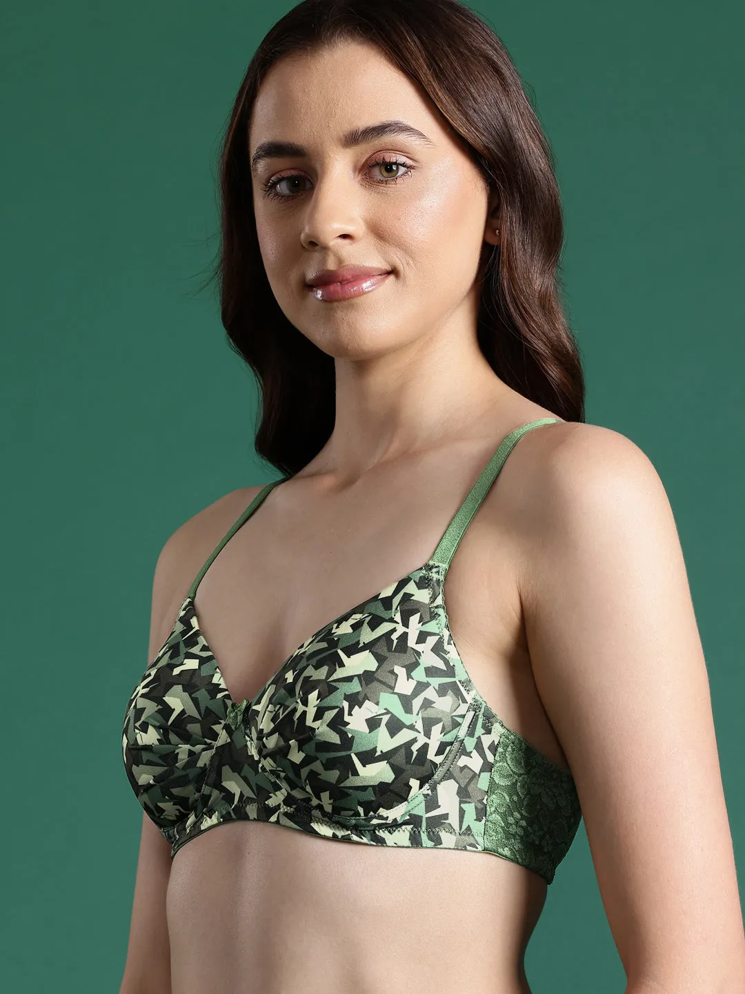 Leading Lady Women's Printed Lightly Padded Women T-Shirt Bra Dark Green BRA-4069-1
