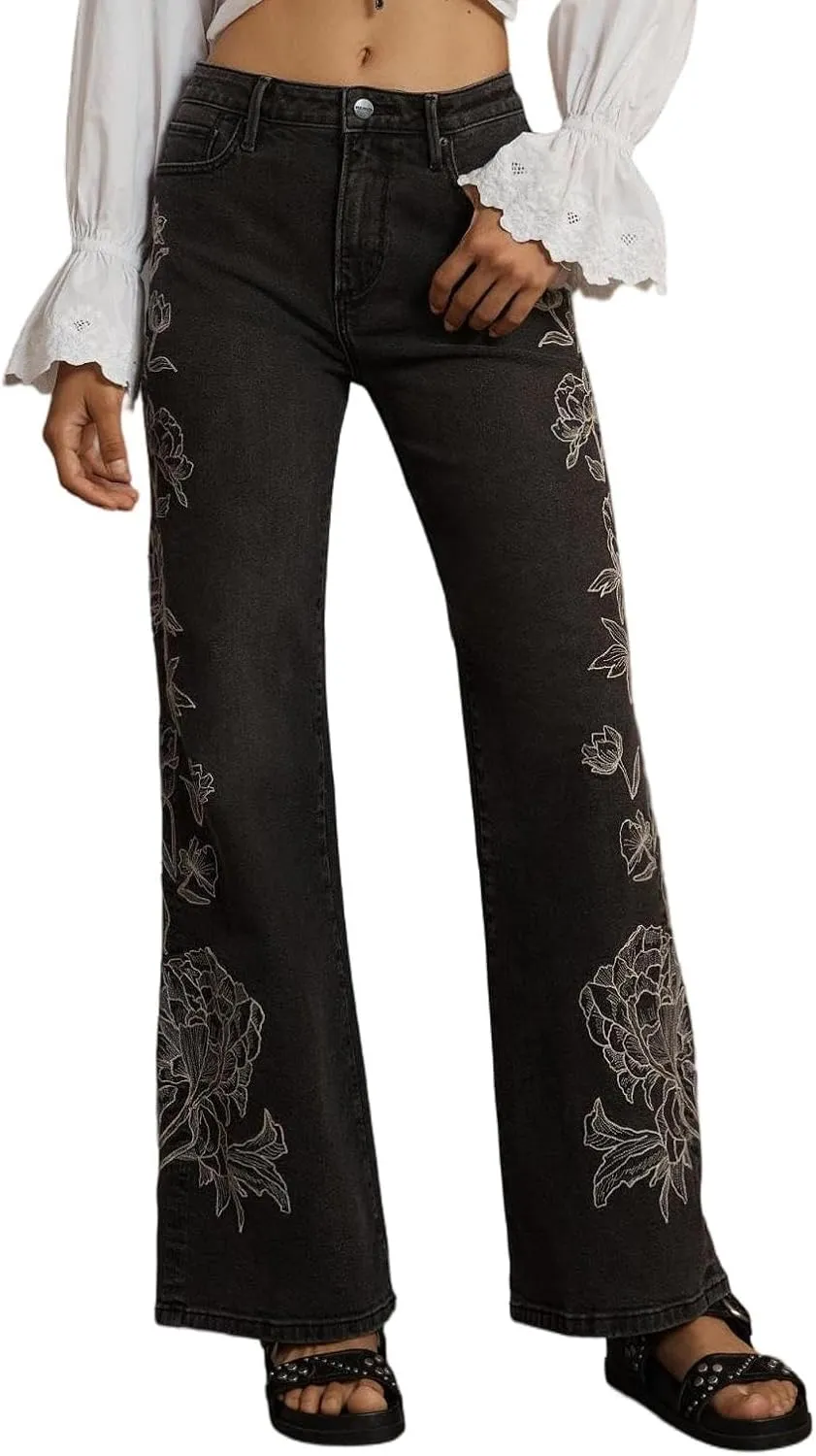 LifeShe Womens Bell Bottom Jeans Mid Rise Embroidered Flared Jean Stretch Bootcut Denim Pants