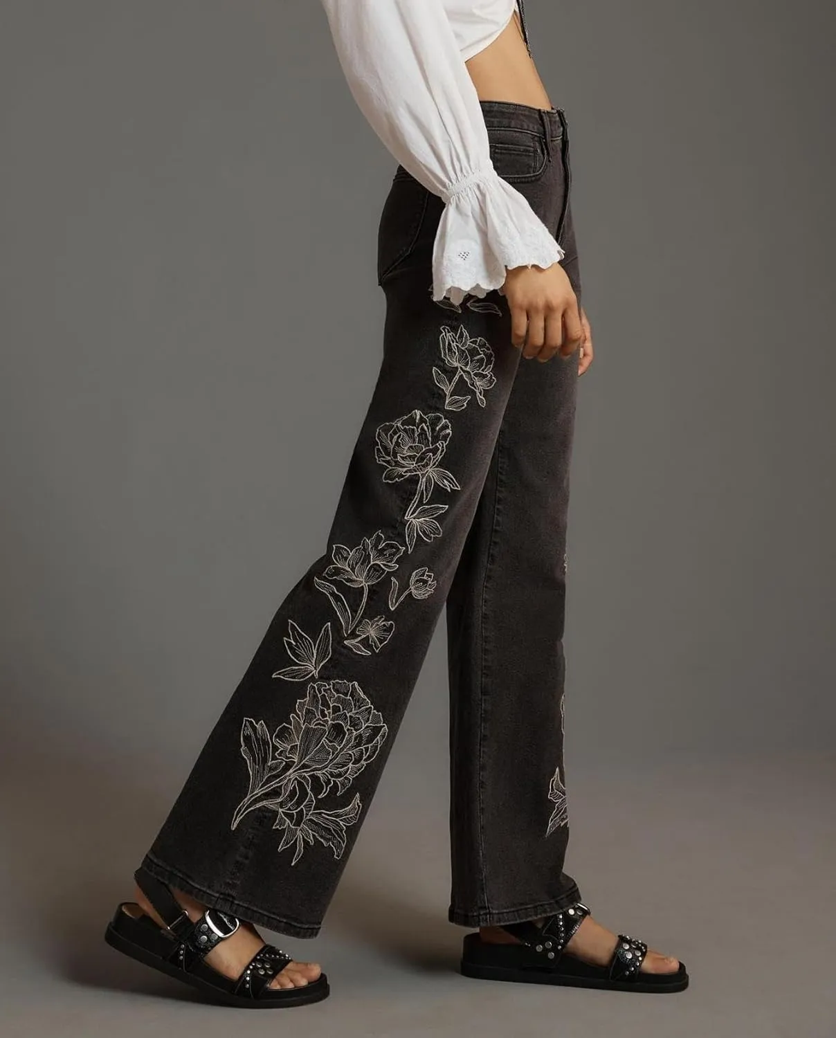 LifeShe Womens Bell Bottom Jeans Mid Rise Embroidered Flared Jean Stretch Bootcut Denim Pants