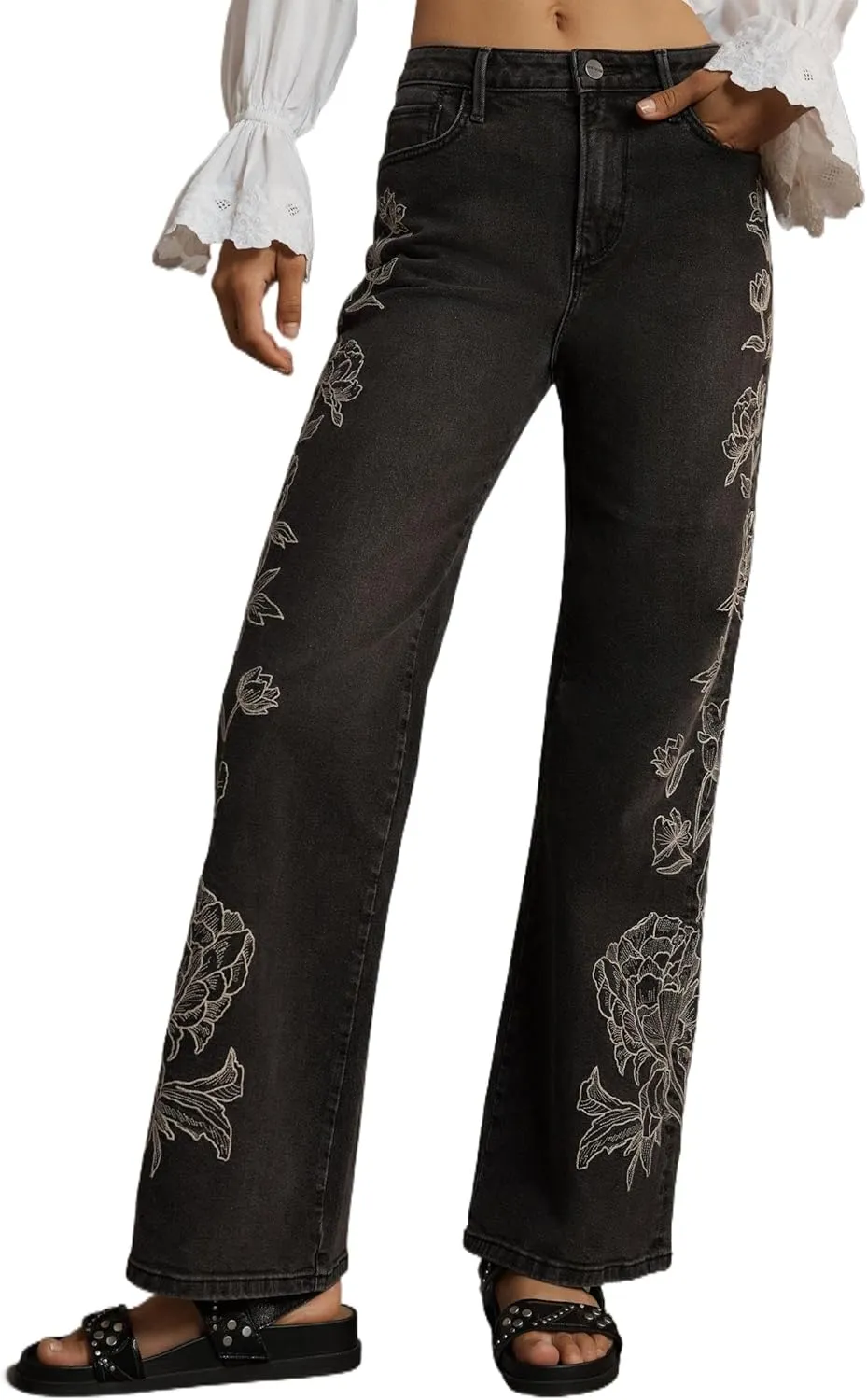 LifeShe Womens Bell Bottom Jeans Mid Rise Embroidered Flared Jean Stretch Bootcut Denim Pants