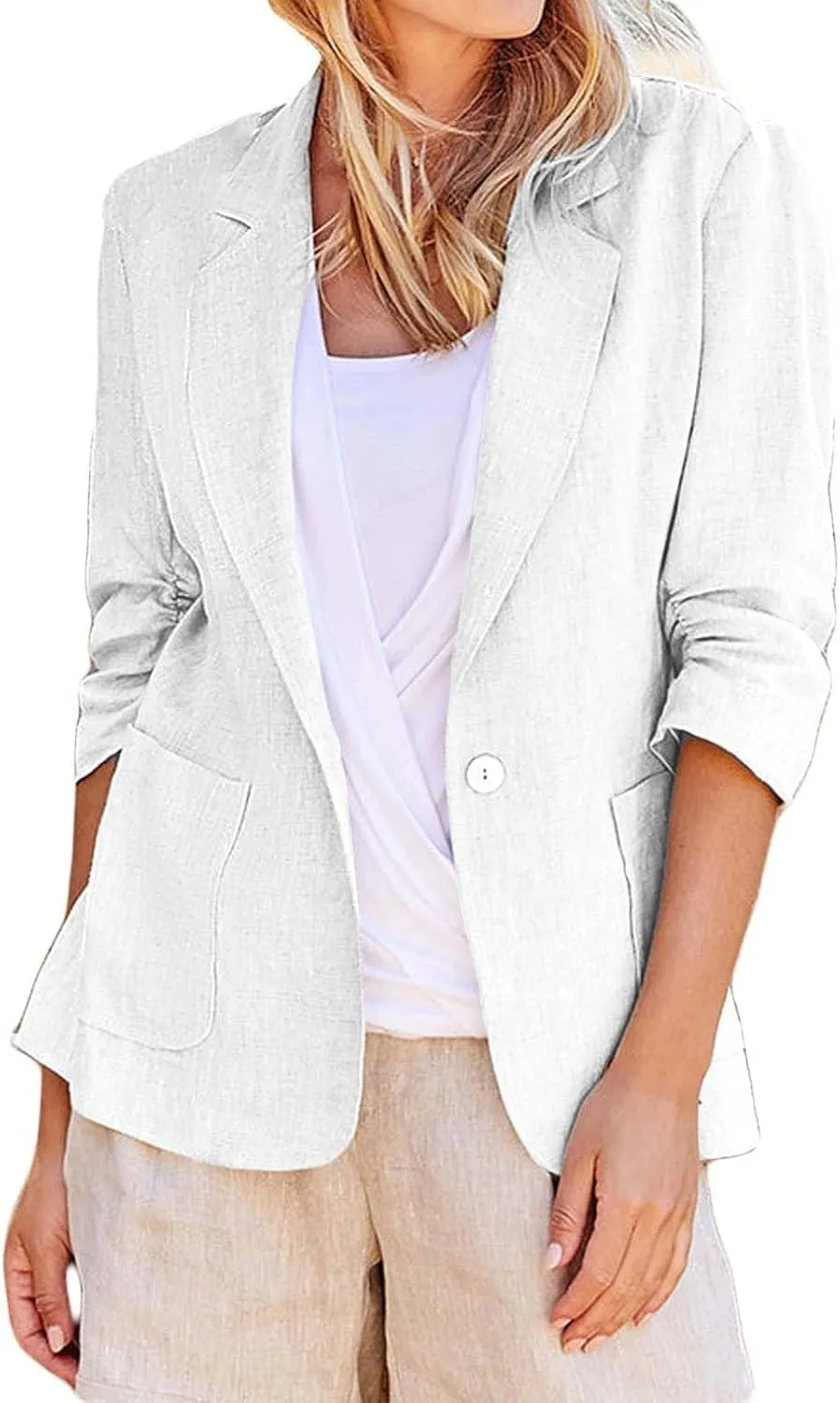 Linen Blazer Women Summer Lightweight 3/4 Sleeve Jacket Dressy Open Front Cardigan Business Casual Work Outfits