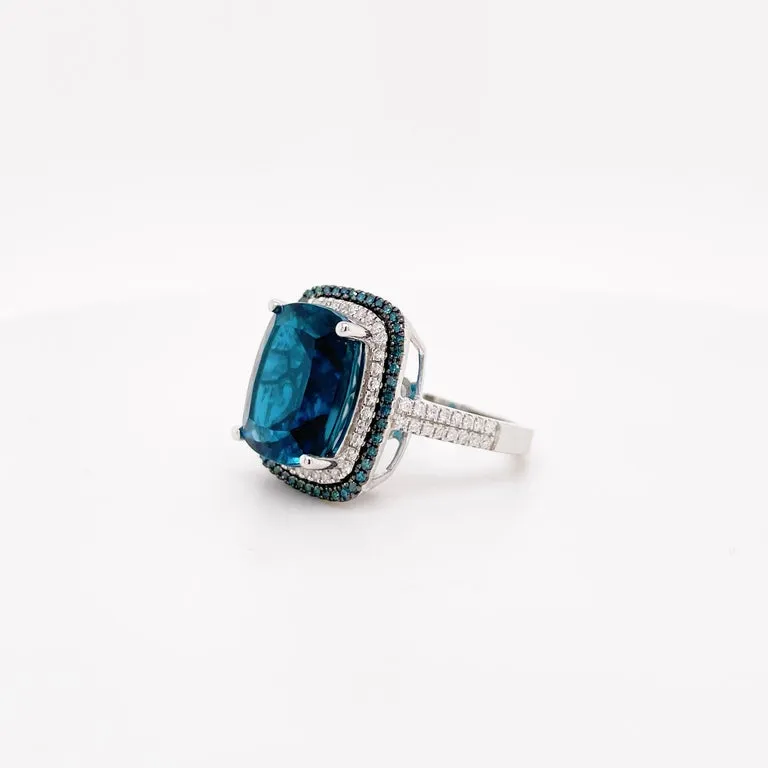 London Blue Topaz Blue & White Diamond Halo Ring