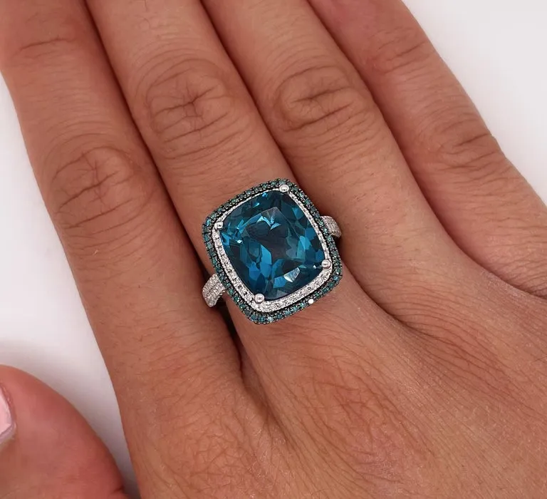 London Blue Topaz Blue & White Diamond Halo Ring