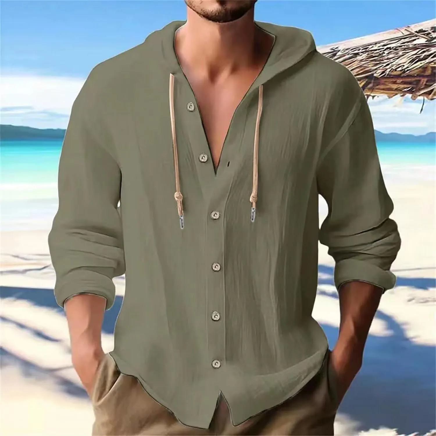 Men's Beach Vacation Long-Sleeved Shirt Cotton Linen Hooded Sweater Lightweight Casual Button Drawstring Blouse
