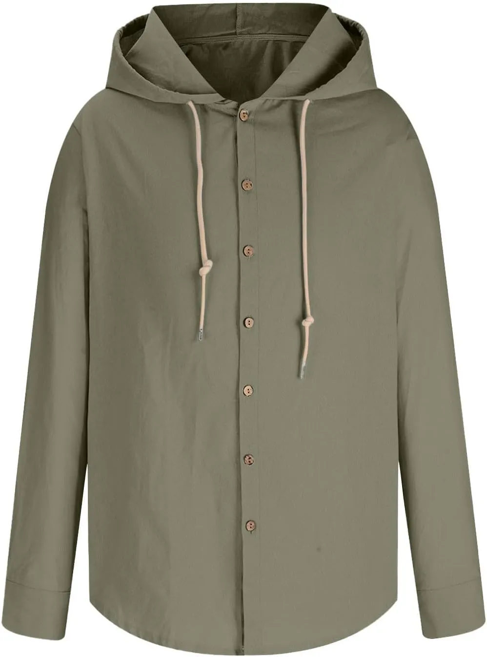 Men's Beach Vacation Long-Sleeved Shirt Cotton Linen Hooded Sweater Lightweight Casual Button Drawstring Blouse