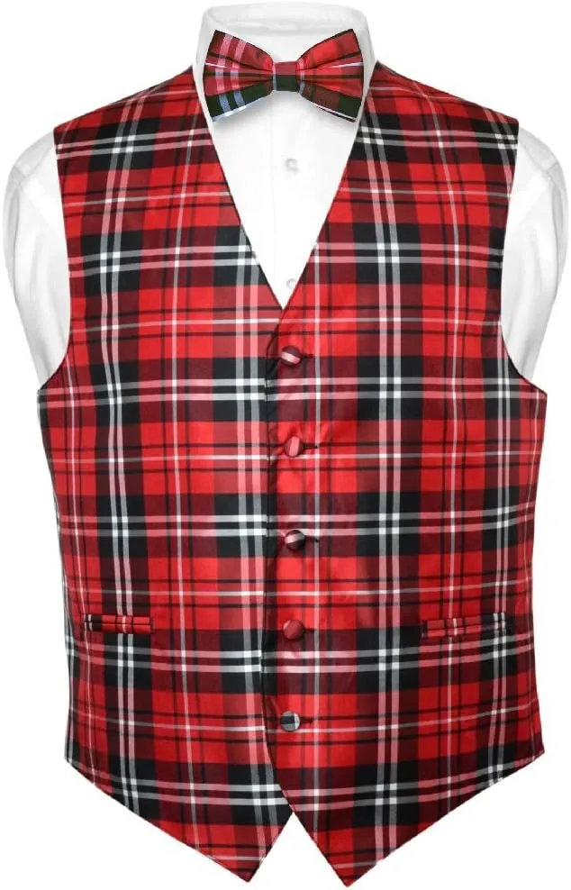 Men's Plaid Design Dress Vest & BOWTie Black Gray White BOW Tie Set