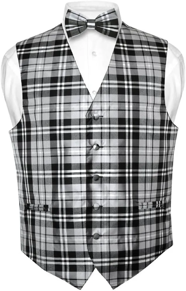 Men's Plaid Design Dress Vest & BOWTie Black Gray White BOW Tie Set