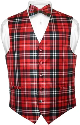 Men's Plaid Design Dress Vest & BOWTie Black Gray White BOW Tie Set