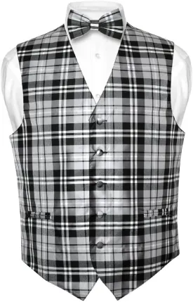 Men's Plaid Design Dress Vest & BOWTie Black Gray White BOW Tie Set