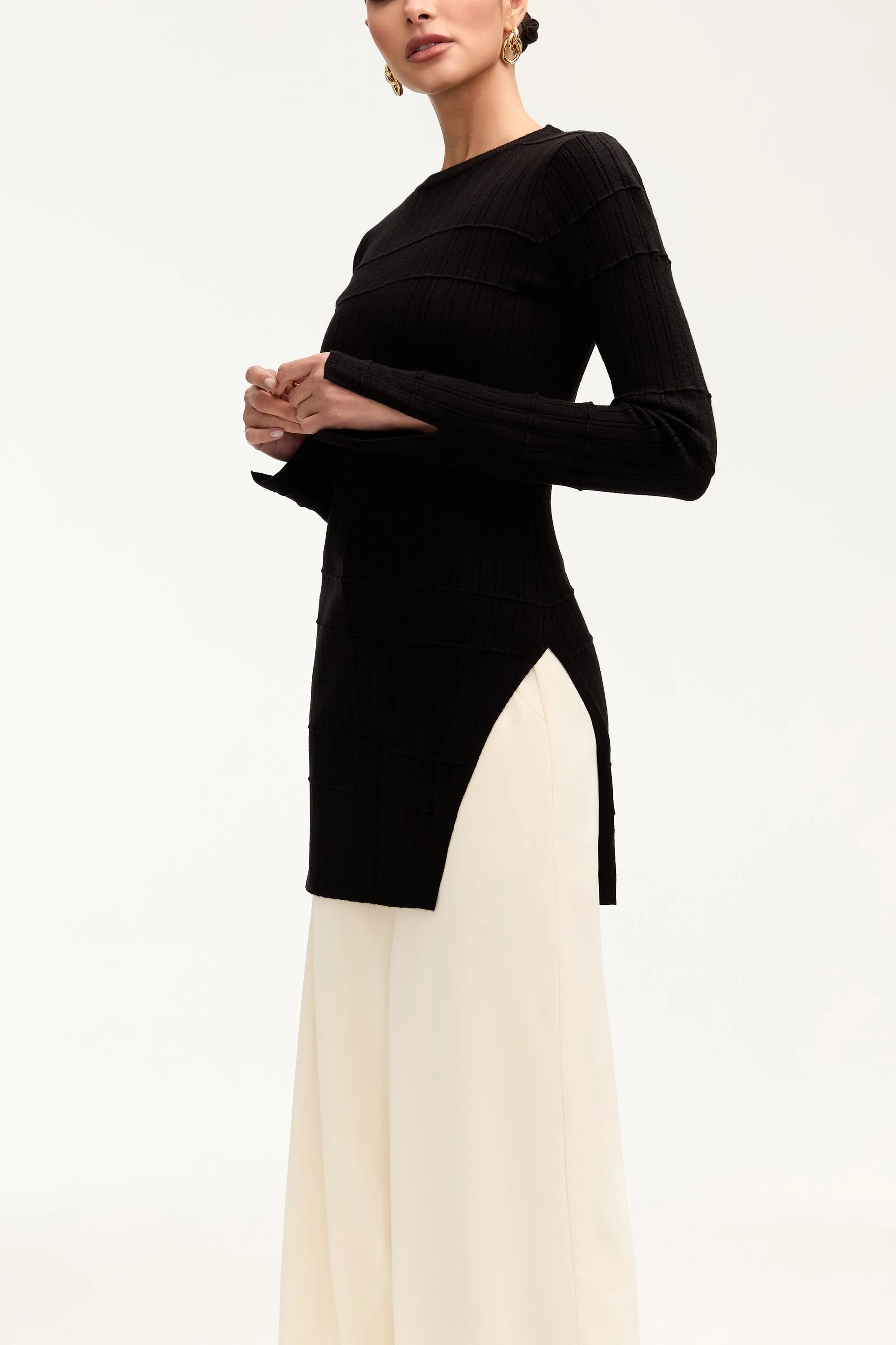 Milano Ribbed Knit Split Hem Top - Black