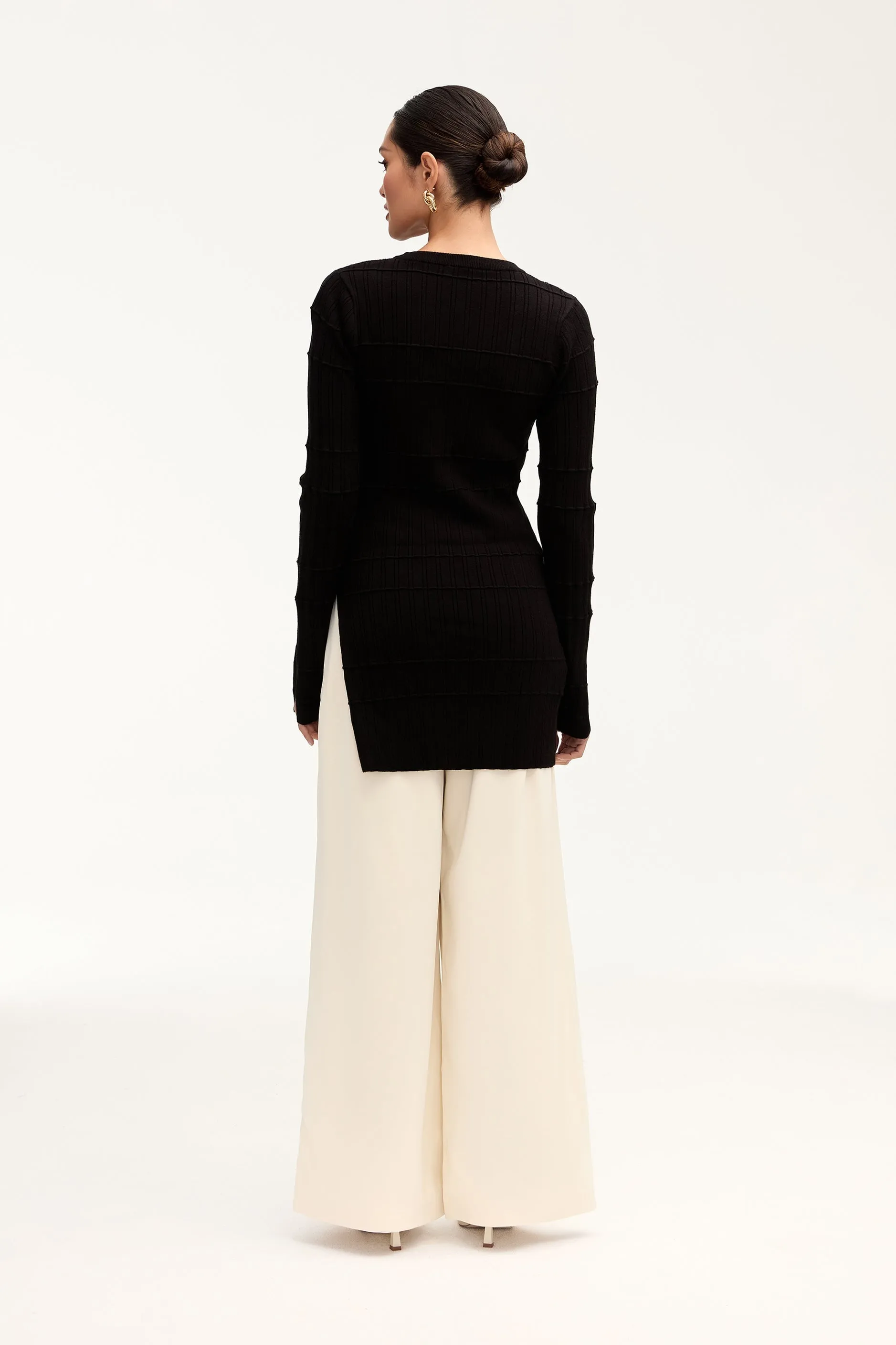 Milano Ribbed Knit Split Hem Top - Black