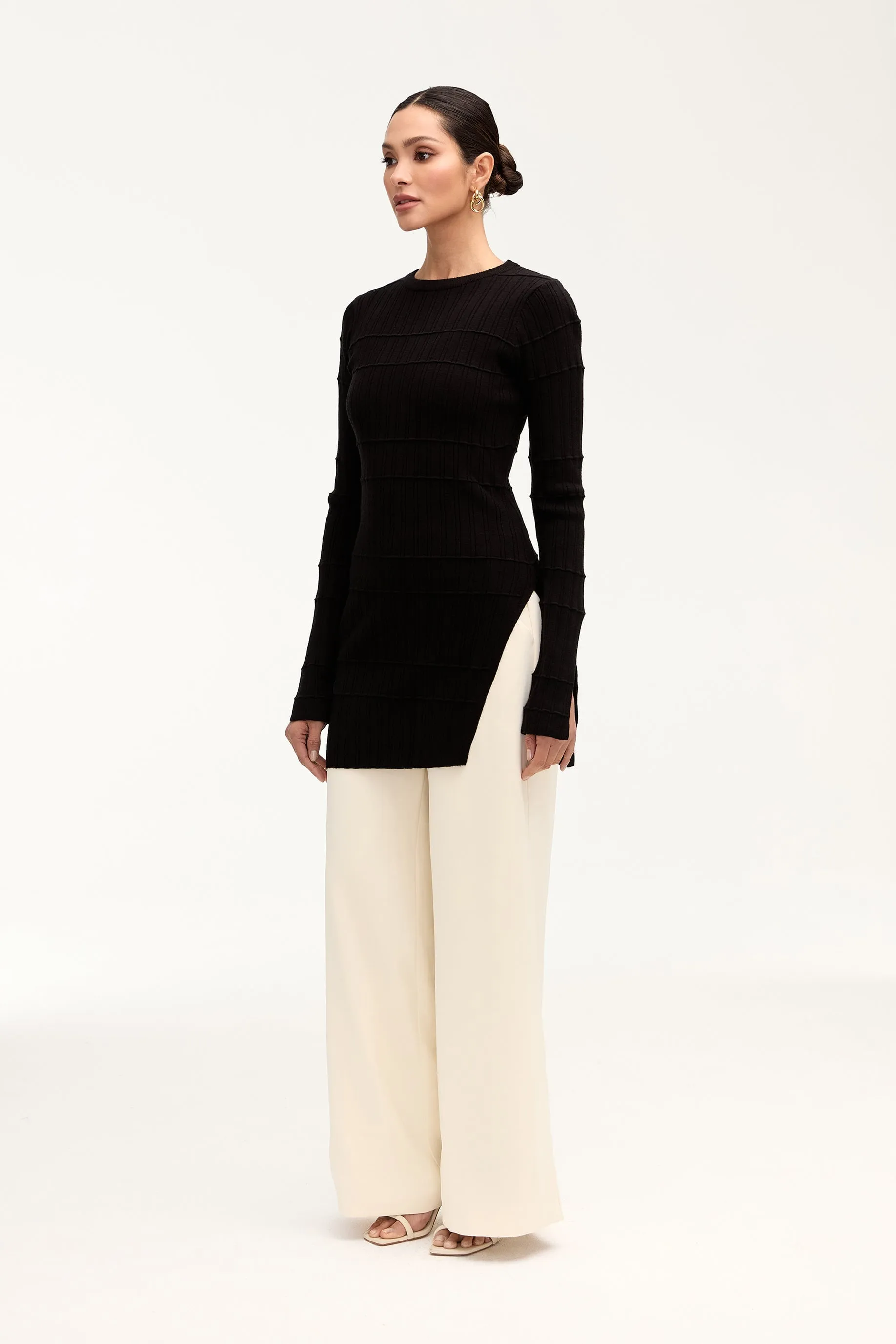 Milano Ribbed Knit Split Hem Top - Black