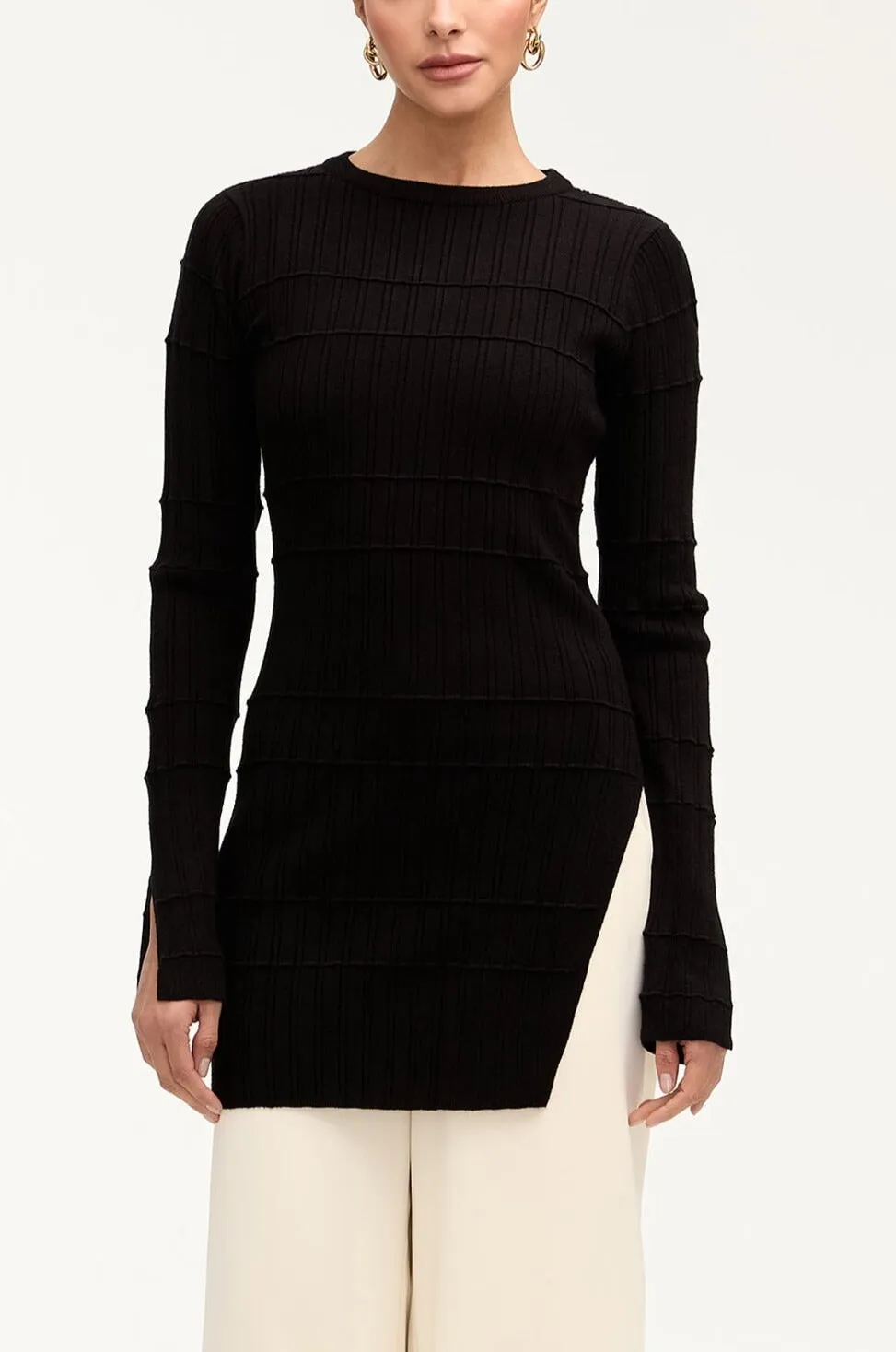 Milano Ribbed Knit Split Hem Top - Black