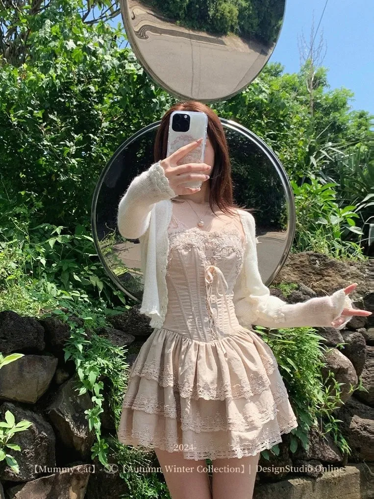 [Mummy Cat] Boîte à musique de ballet lace mini dress and cardigan set