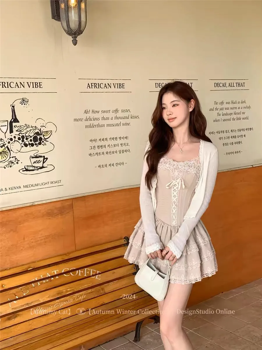 [Mummy Cat] Boîte à musique de ballet lace mini dress and cardigan set