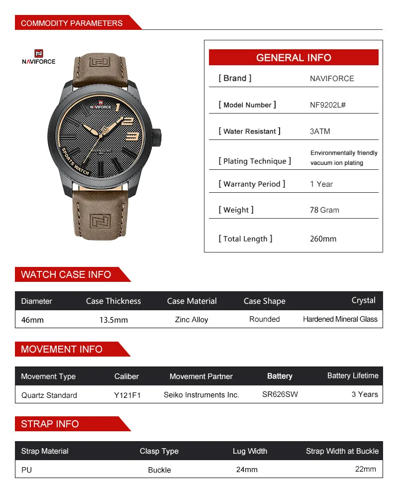 NAVIFORCE Men's New Watch Men's Wrist Luxury Quartz Sports PU Leather Strap 30m Waterproof Watch NF9202L 2022 relojs