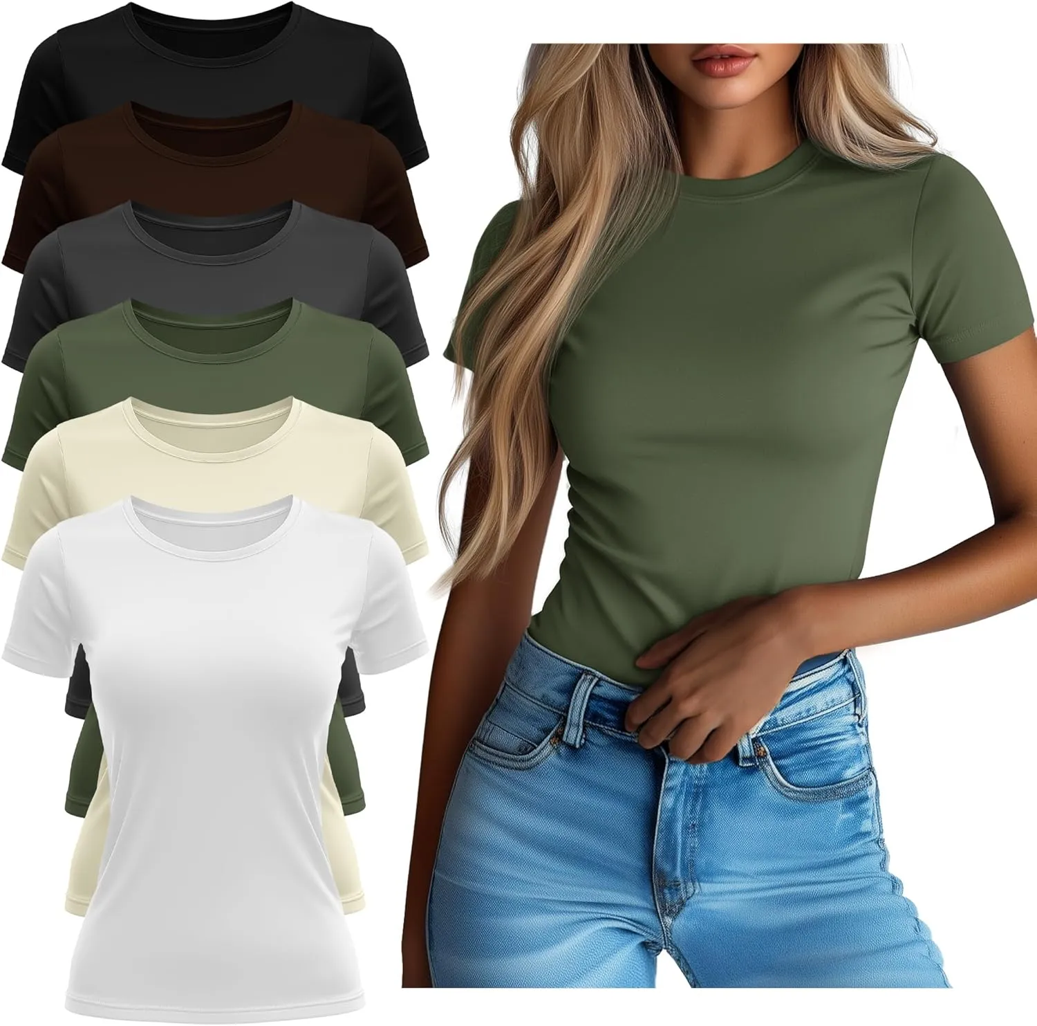 Neer 6 Pack Fitted Basic T-Shirts for Women Bulk, Tight Crewneck Short Sleeve Tops Multipack Slim Casual Summer Tees Blouse