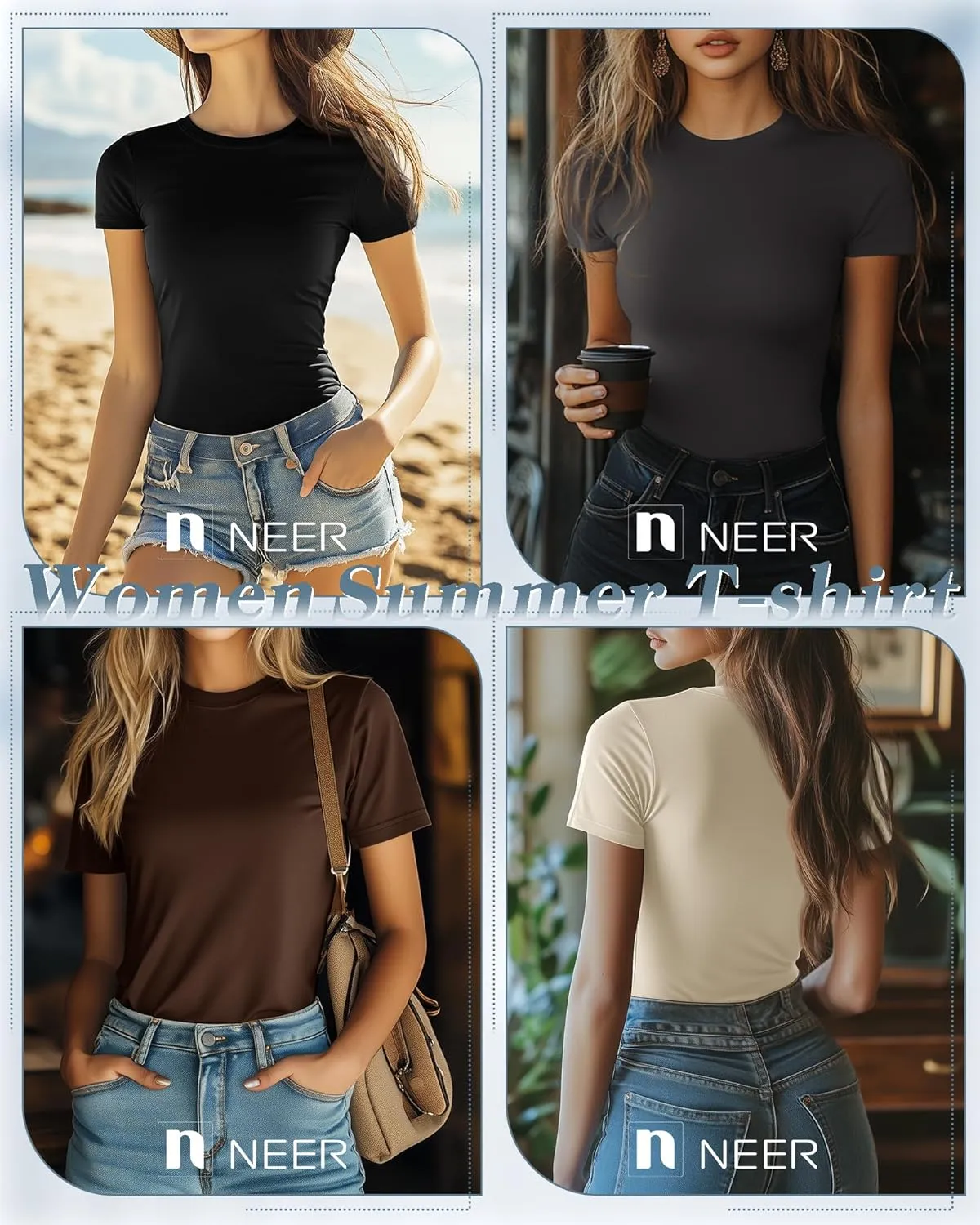 Neer 6 Pack Fitted Basic T-Shirts for Women Bulk, Tight Crewneck Short Sleeve Tops Multipack Slim Casual Summer Tees Blouse