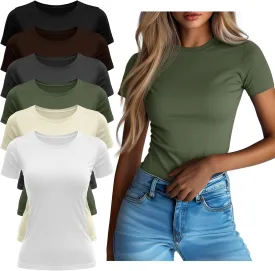 Neer 6 Pack Fitted Basic T-Shirts for Women Bulk, Tight Crewneck Short Sleeve Tops Multipack Slim Casual Summer Tees Blouse