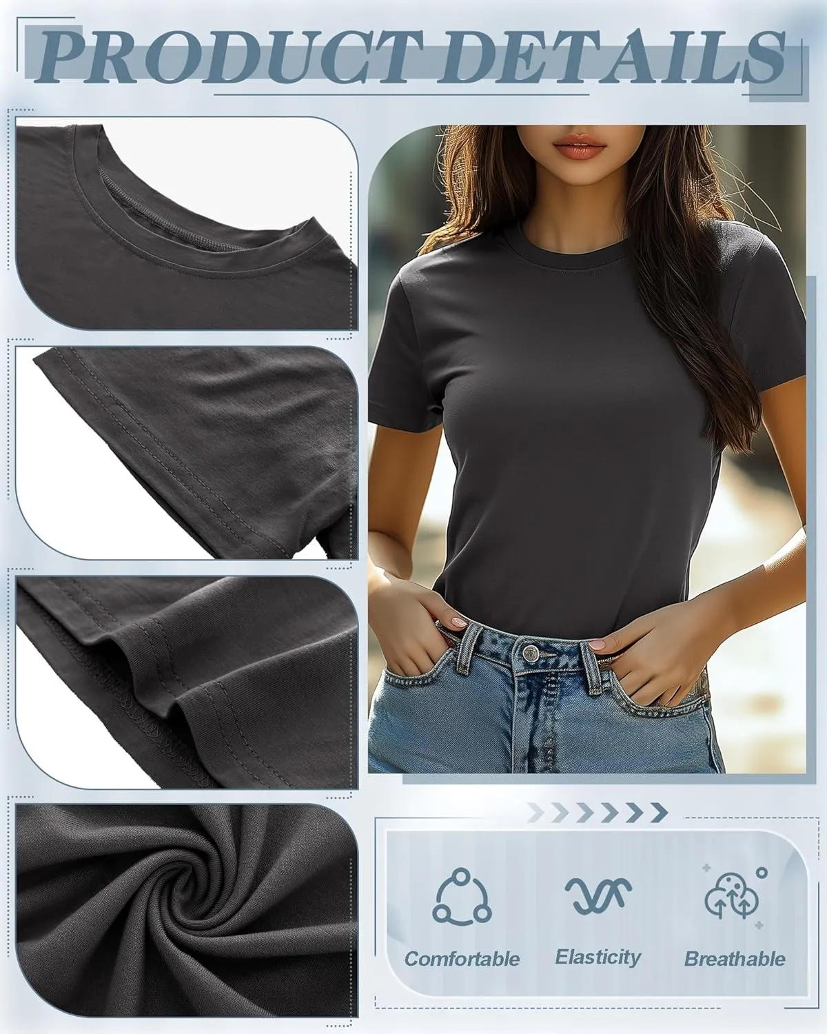 Neer 6 Pack Fitted Basic T-Shirts for Women Bulk, Tight Crewneck Short Sleeve Tops Multipack Slim Casual Summer Tees Blouse