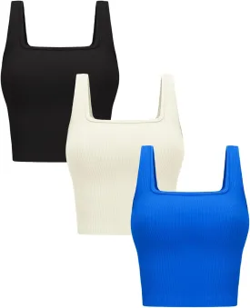 OLCHEE Womens 3 Pack Crop Tank Tops Basic Seamless Ribbed Sleeveless Square Neck Workout Top Summer Exercise Yoga Gym Shirts