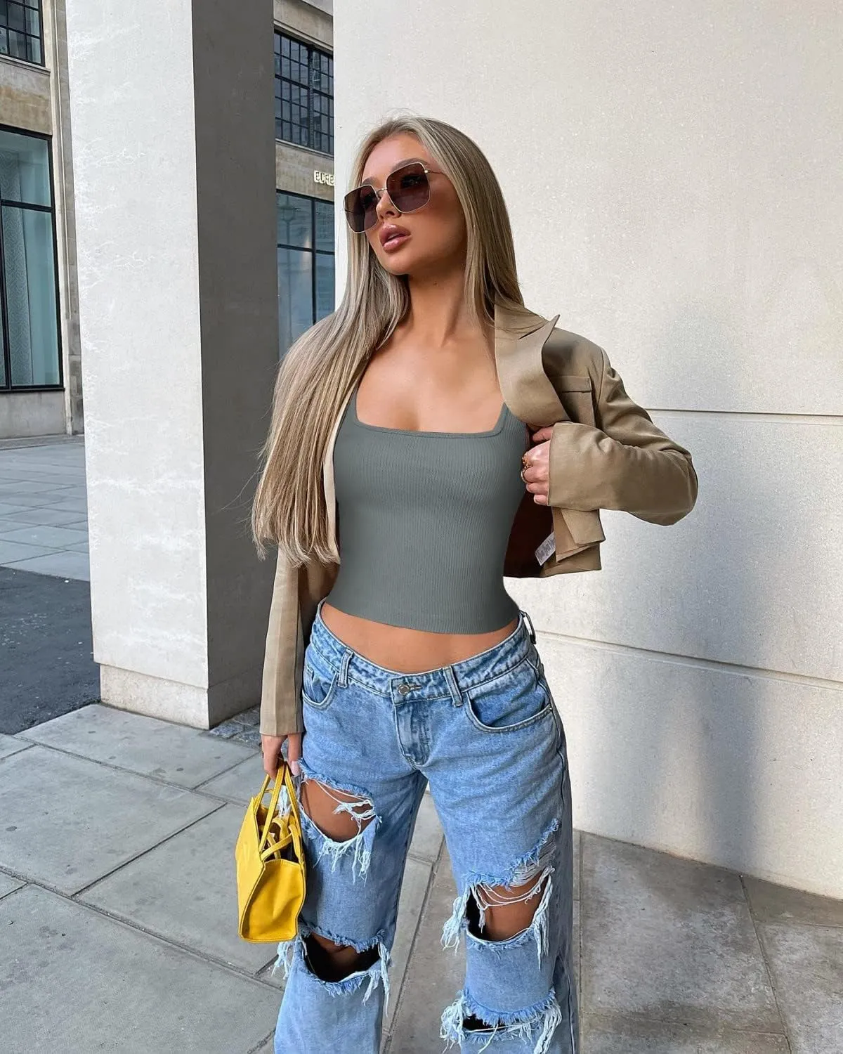 OLCHEE Womens 3 Pack Crop Tank Tops Basic Seamless Ribbed Sleeveless Square Neck Workout Top Summer Exercise Yoga Gym Shirts