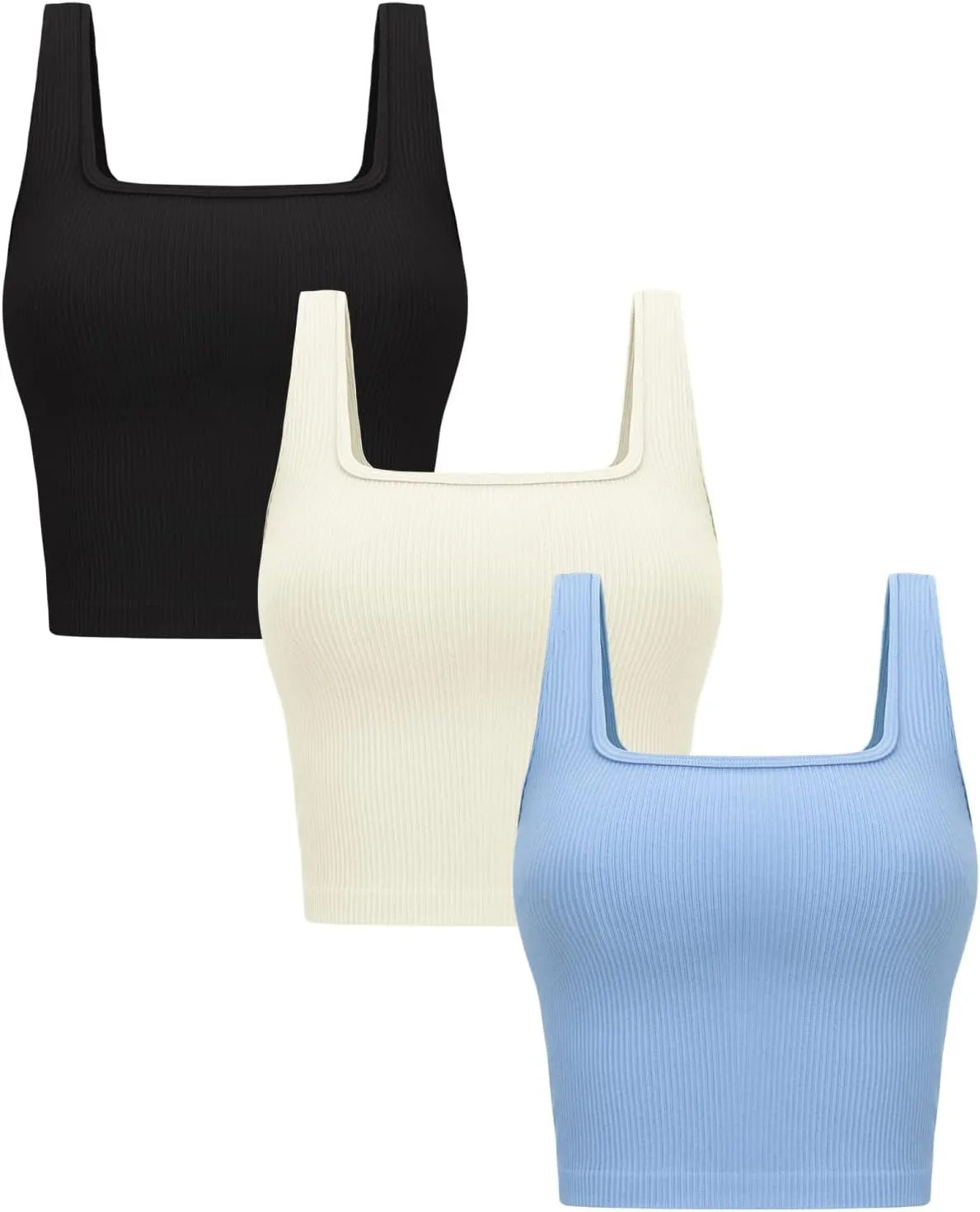 OLCHEE Womens 3 Pack Crop Tank Tops Basic Seamless Ribbed Sleeveless Square Neck Workout Top Summer Exercise Yoga Gym Shirts