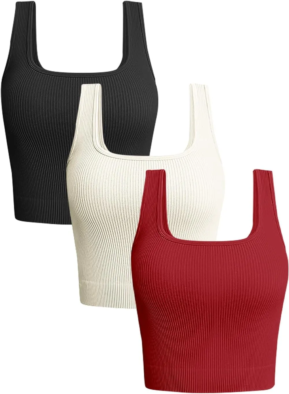 OLCHEE Womens 3 Pack Crop Tank Tops Basic Seamless Ribbed Sleeveless Square Neck Workout Top Summer Exercise Yoga Gym Shirts